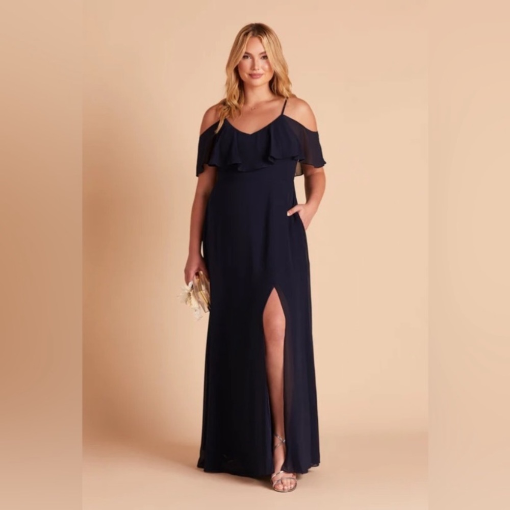 Birdy Grey Navy Cold-Shoulder Ruffle Wrap Front Dress